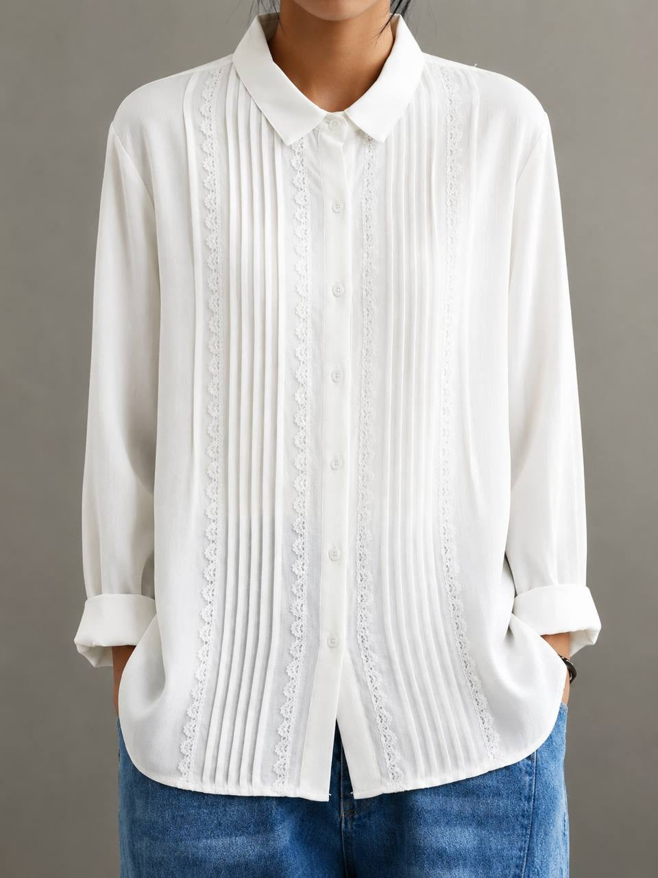 Long Sleeve Blouse With Pintucks And Scalloped Lace – White