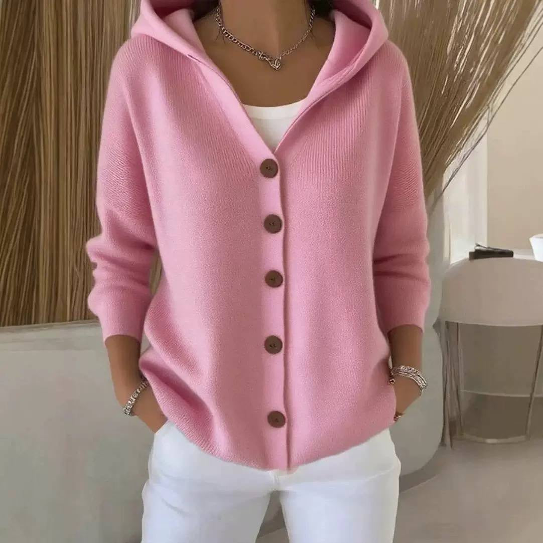 Loose-Fit Cardigan With Hood and Round Button Front – Pink