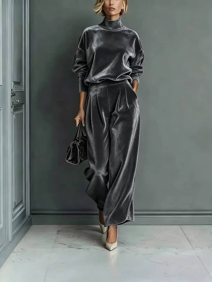 Relaxed Two-Piece Pants Set With Pleats And Pockets – Grey