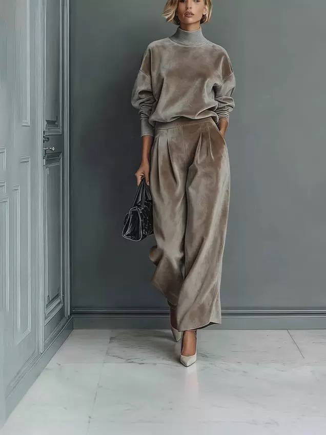 Relaxed Two-Piece Pants Set With Pleats And Pockets – Beige