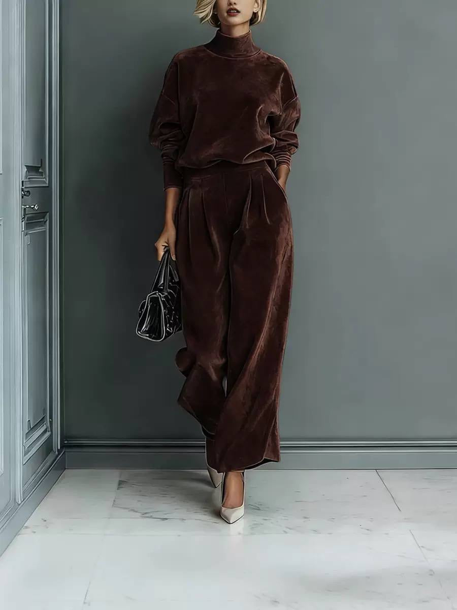 Relaxed Two-Piece Pants Set With Pleats And Pockets – Brown