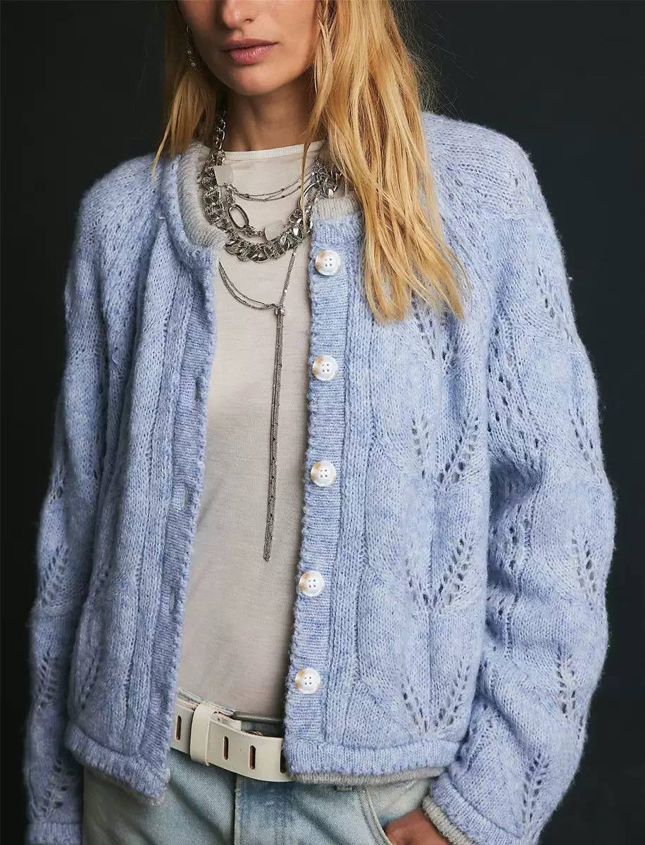 Relaxed Round Neck Cardigan With Leaf Openwork – Light Blue