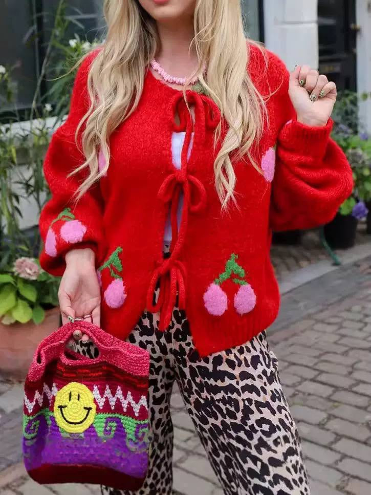 Bow-Front Cherry Cardigan With Long Sleeves And Ribbing – Red Cherry