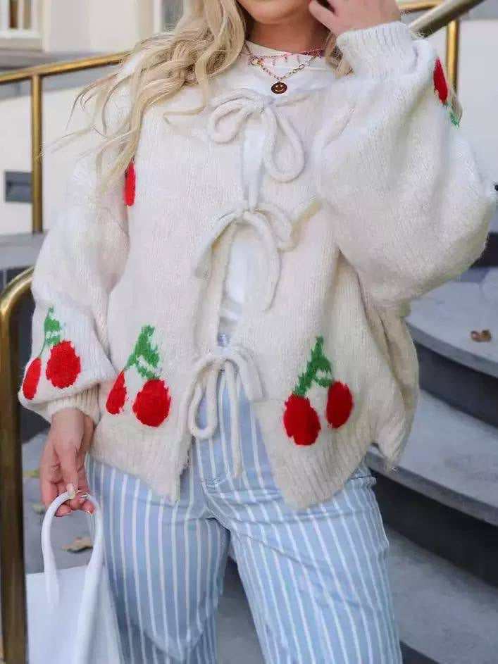 Bow-Front Cherry Cardigan With Long Sleeves And Ribbing – White Cherry