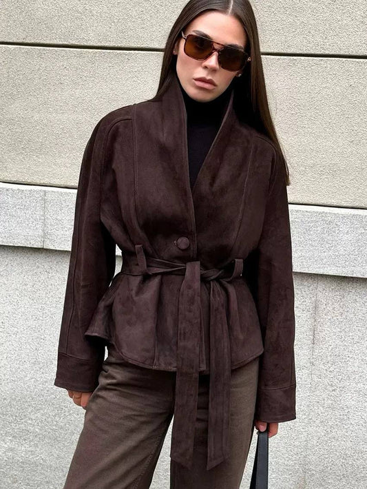 Curved-Hem Jacket With Wide Collar and Belted Waist – Brown