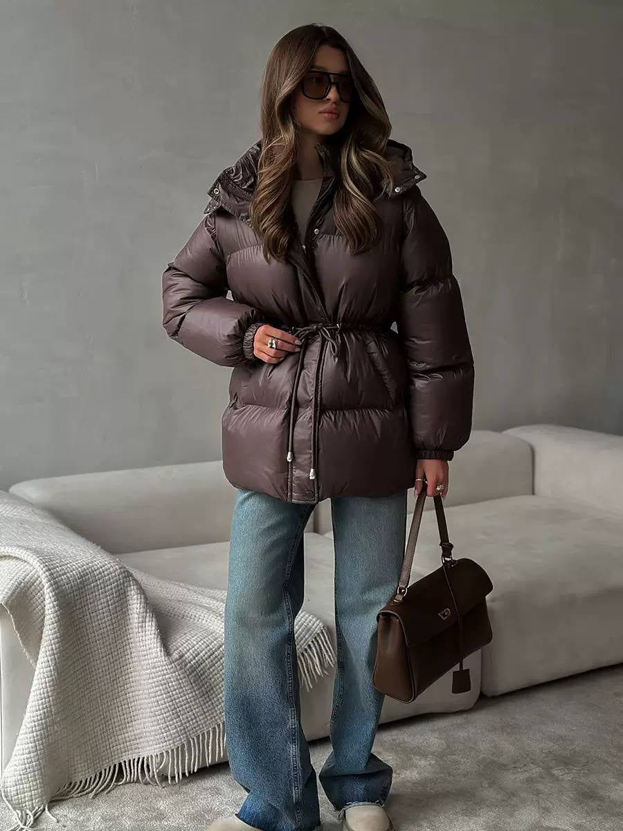 Below-Hip Hooded Puffer Jacket With Adjustable Waist – Brown