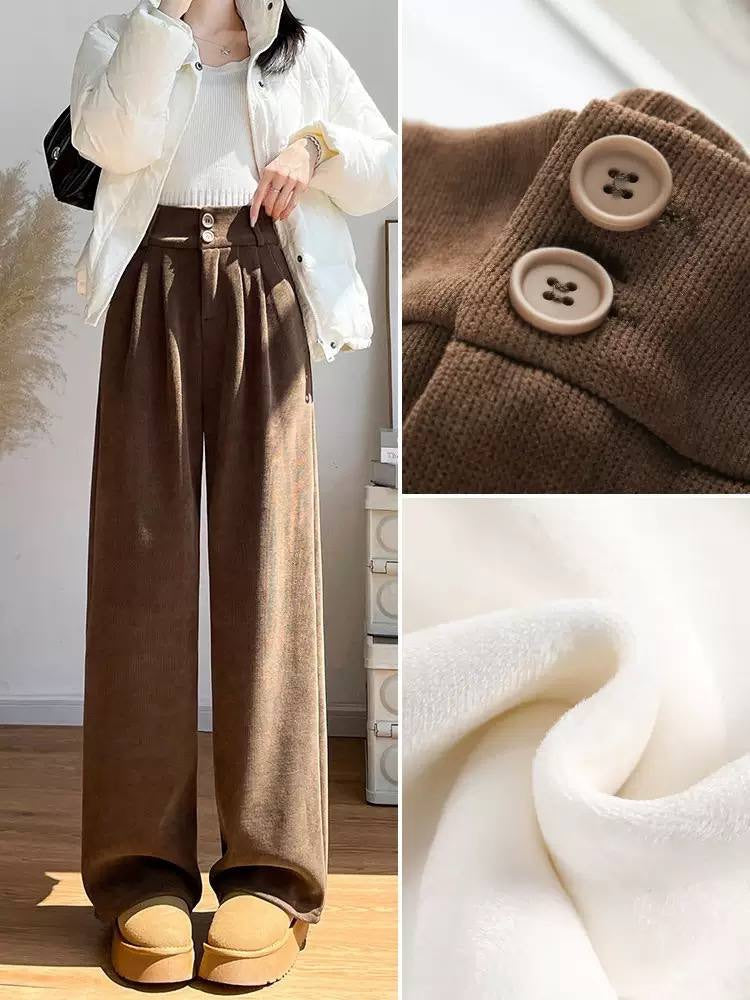 High-Waisted Pleated Wide-Leg Pants With Double Buttons – Brown
