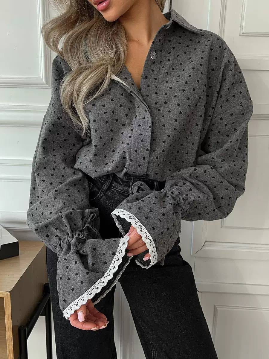 Heart Print Blouse With Lace-Trimmed Tie Cuffs – Grey Heart Print