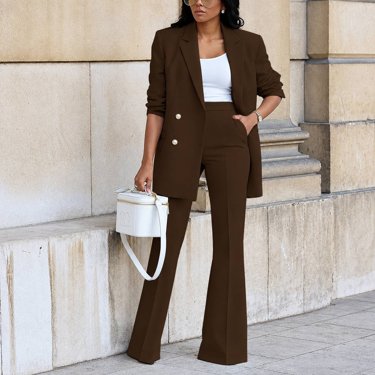 Double-Breasted Longline Blazer and Flared Pants Set – Brown