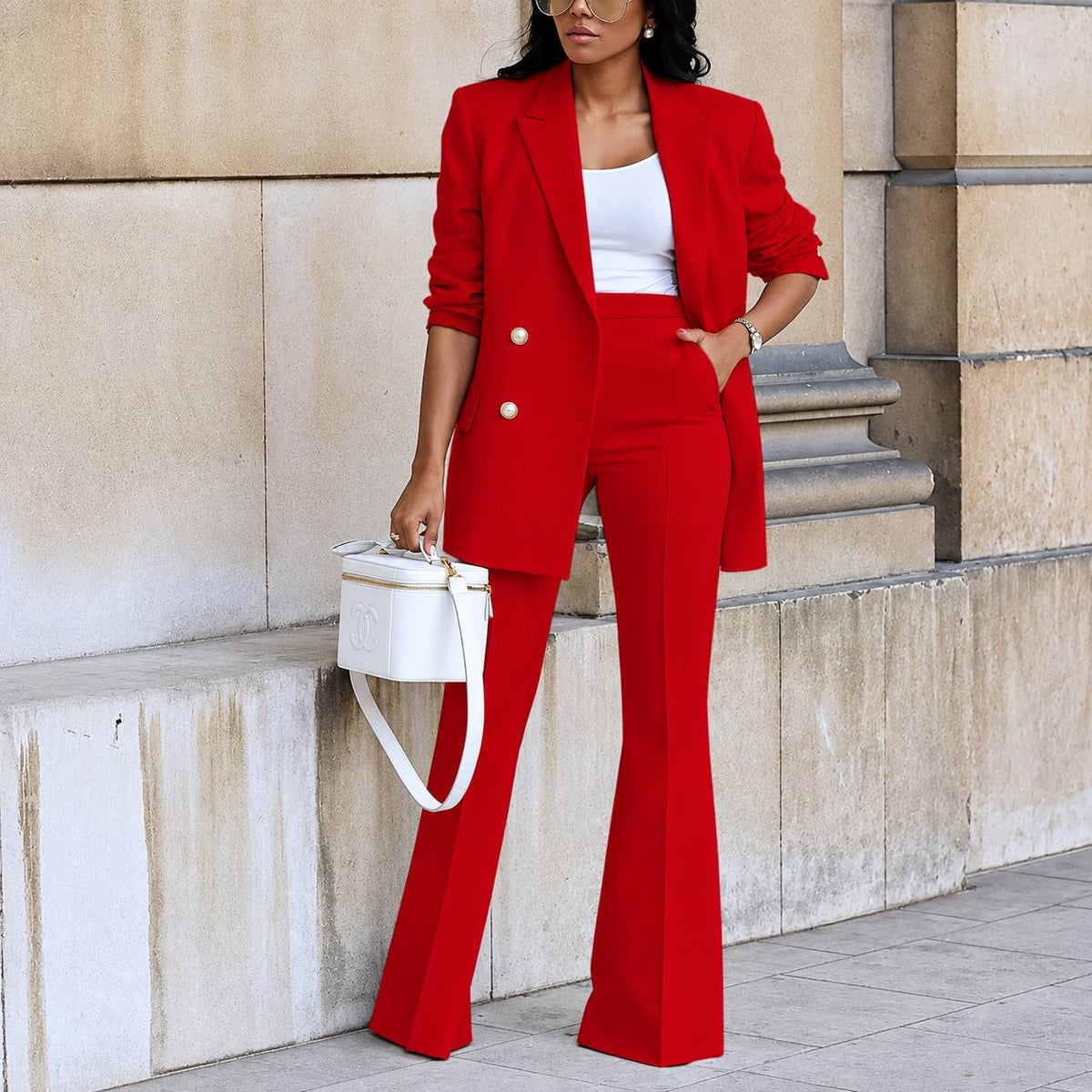 Double-Breasted Longline Blazer and Flared Pants Set – Red