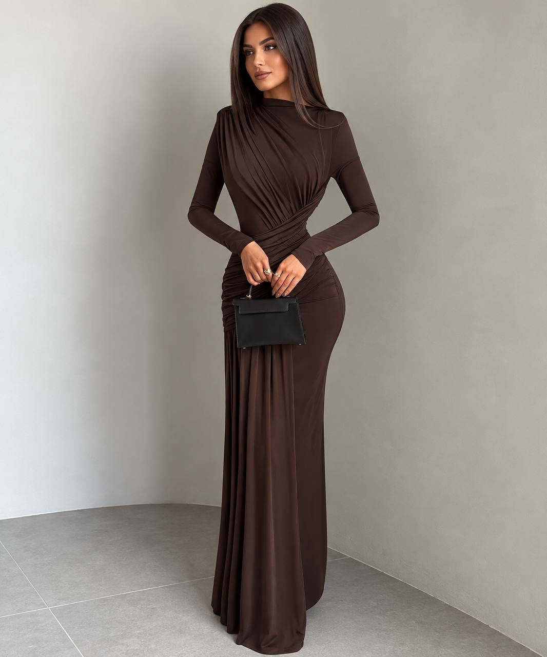 High Neck Long Sleeve Draped Maxi Dress – Brown
