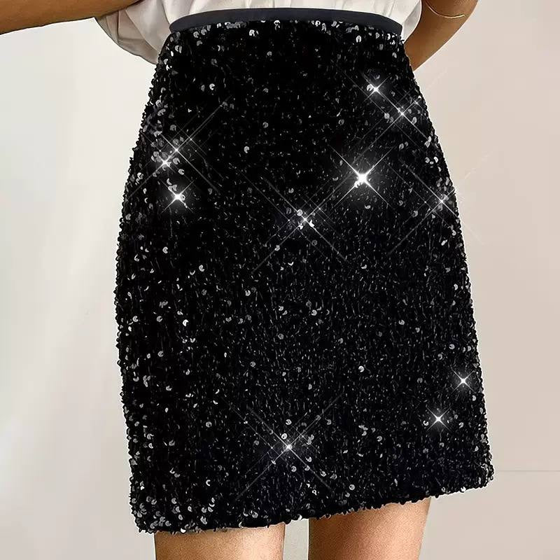 High-Waisted Sequin Mini Skirt With Contrast Waistband – Black