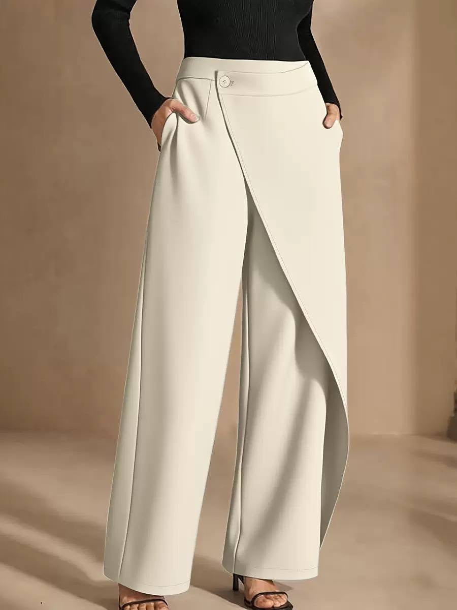 High-Waisted Wide-Leg Pants With Asymmetric Front Overlay – Cream