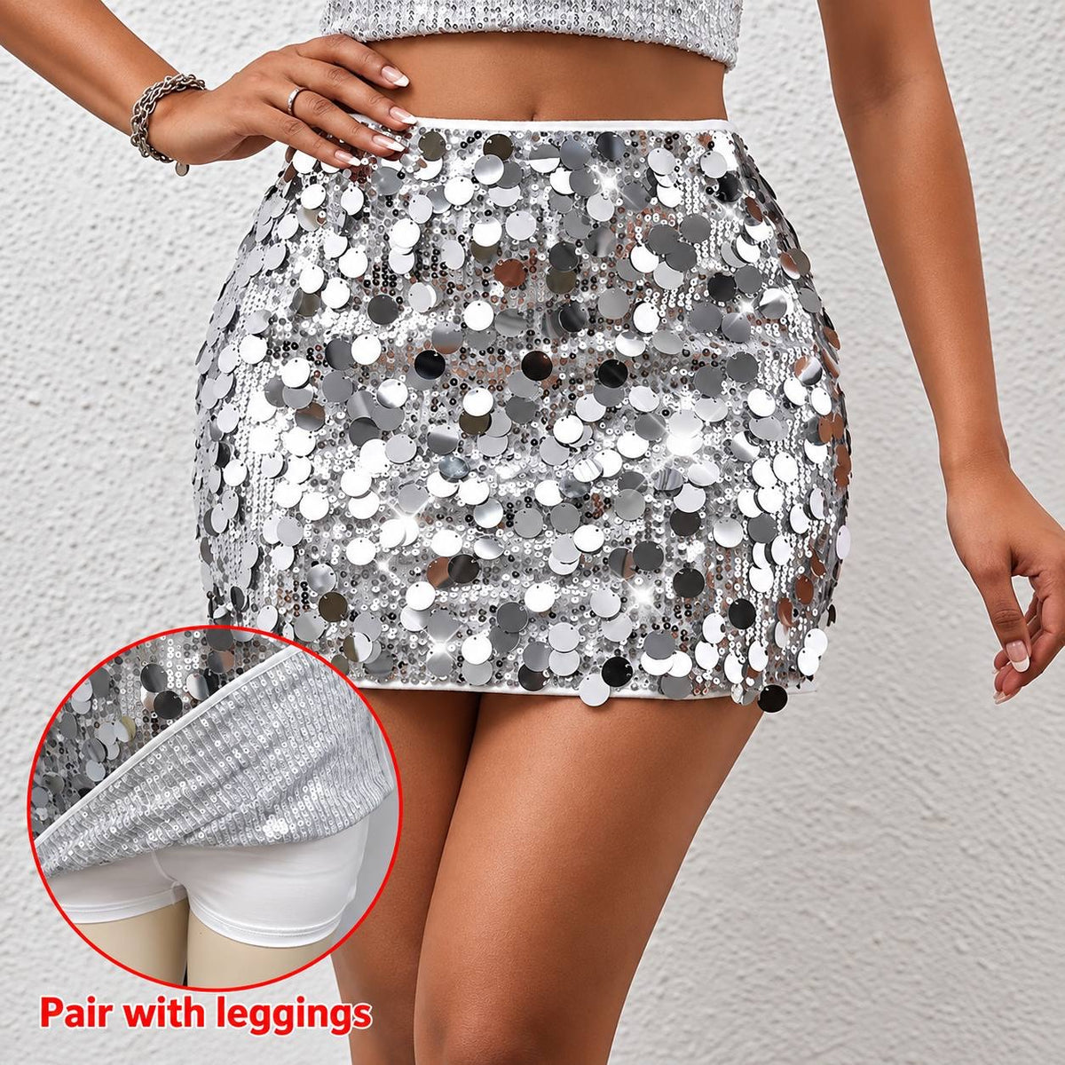Fitted Mini Skirt With Reflective Disc Sequins – Silver