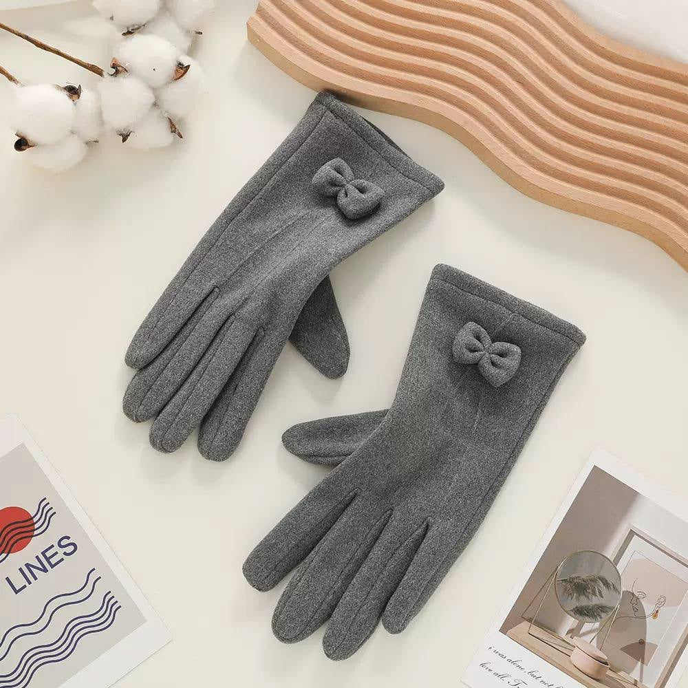 Bow-Accented Full-Finger Gloves With Neatly Stitched Cuffs – Grey