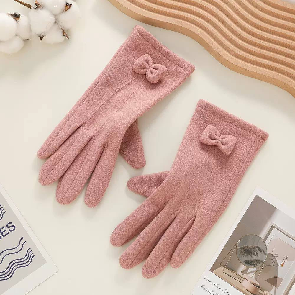 Bow-Accented Full-Finger Gloves With Neatly Stitched Cuffs – Pink