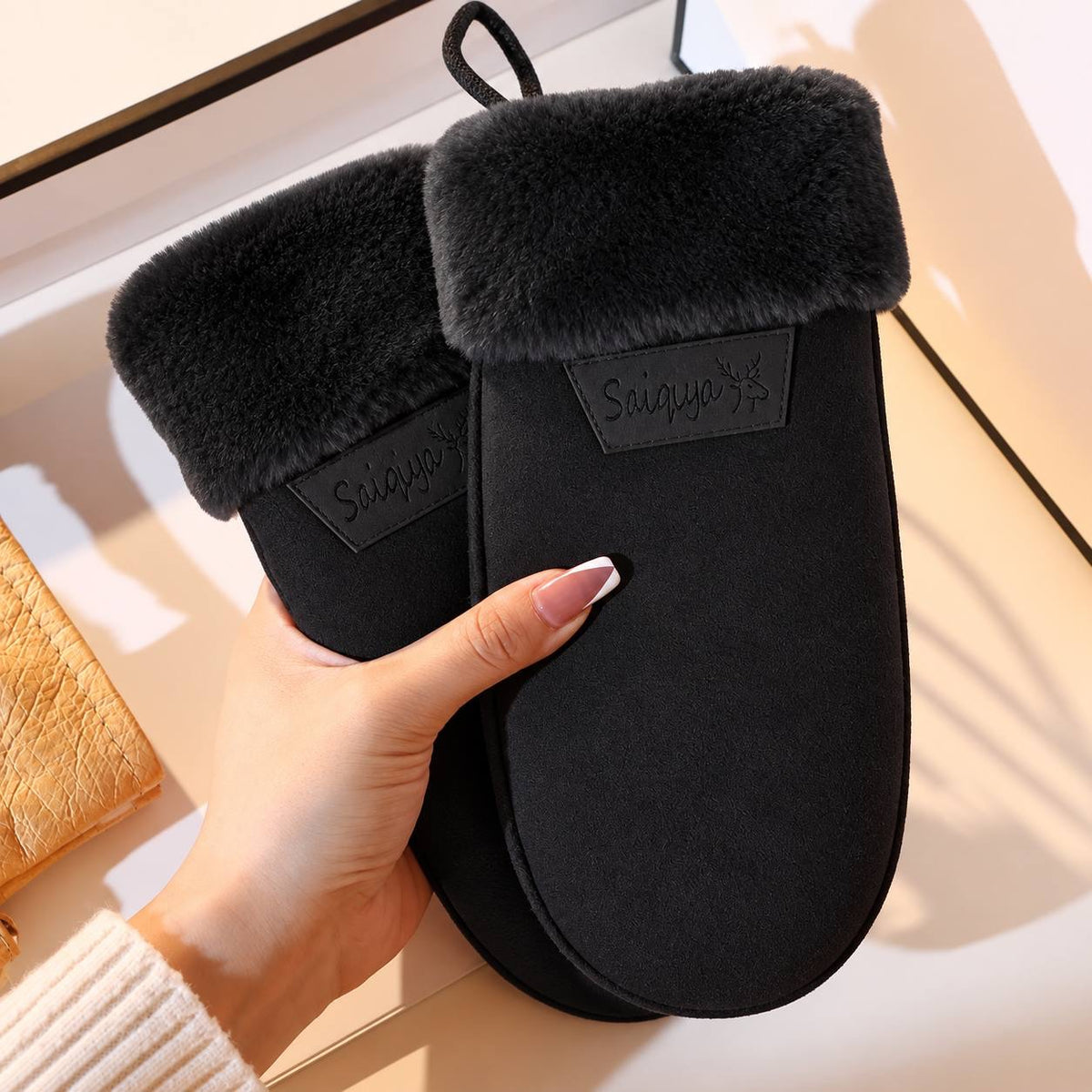 Textured Winter Mittens With Fluffy Cuffs And Patch Accents – Black