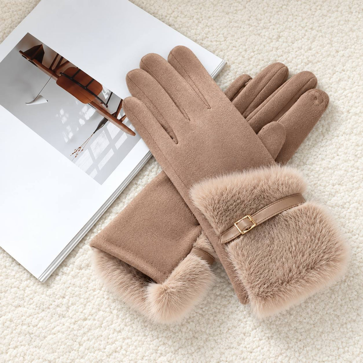 Buckled Winter Gloves With Deep Fluffy Wrist Cuffs – Taupe