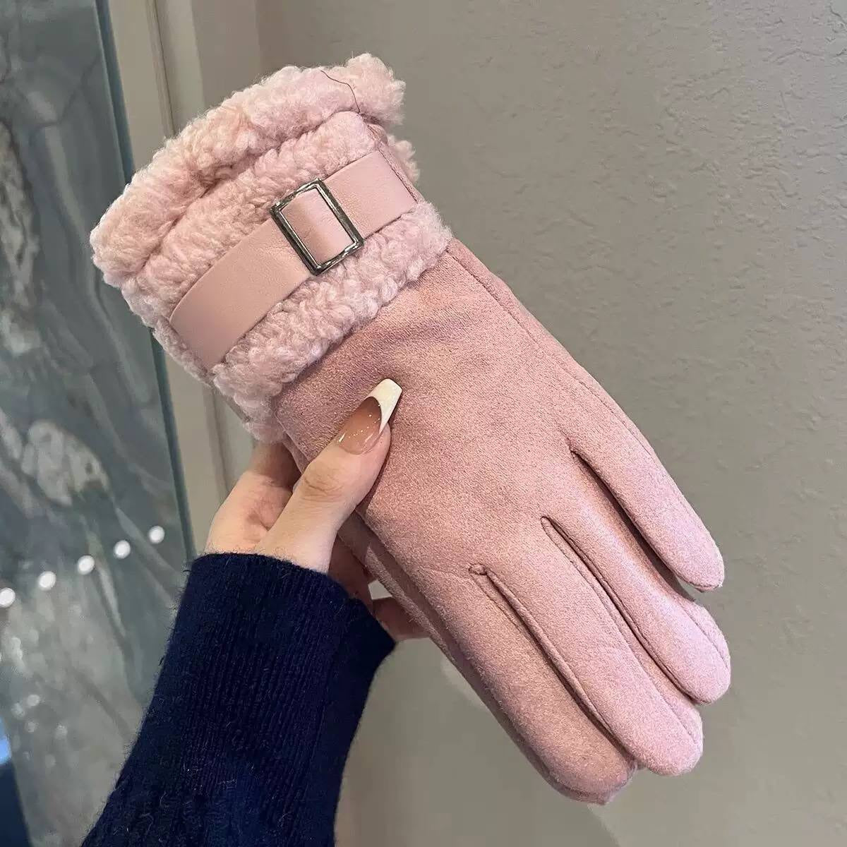 Women's Full-Finger Gloves With Buckle-Trimmed Foldover Cuffs – Pink