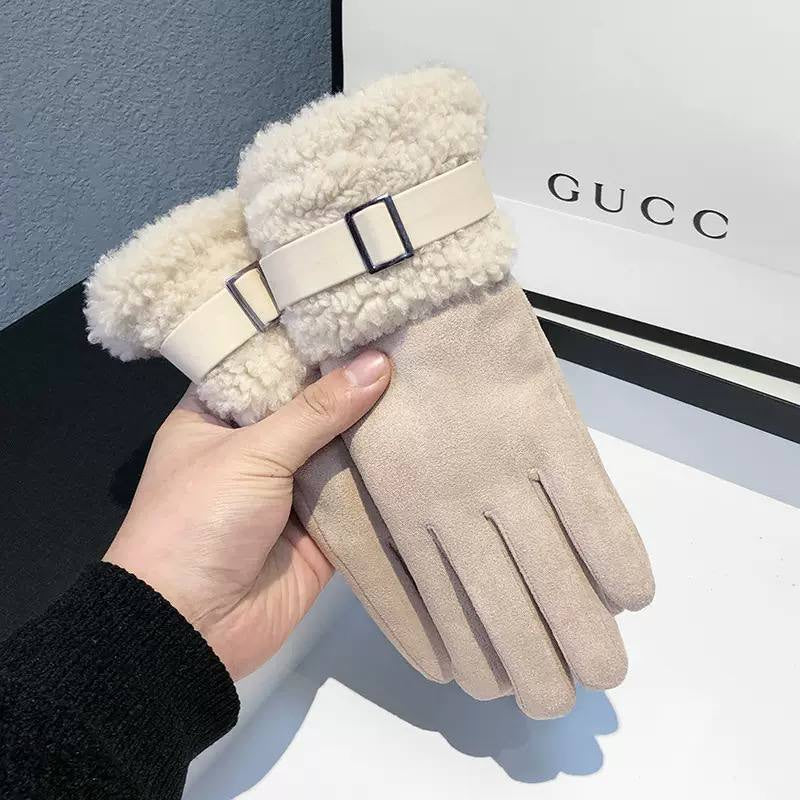 Women's Full-Finger Gloves With Buckle-Trimmed Foldover Cuffs – Beige