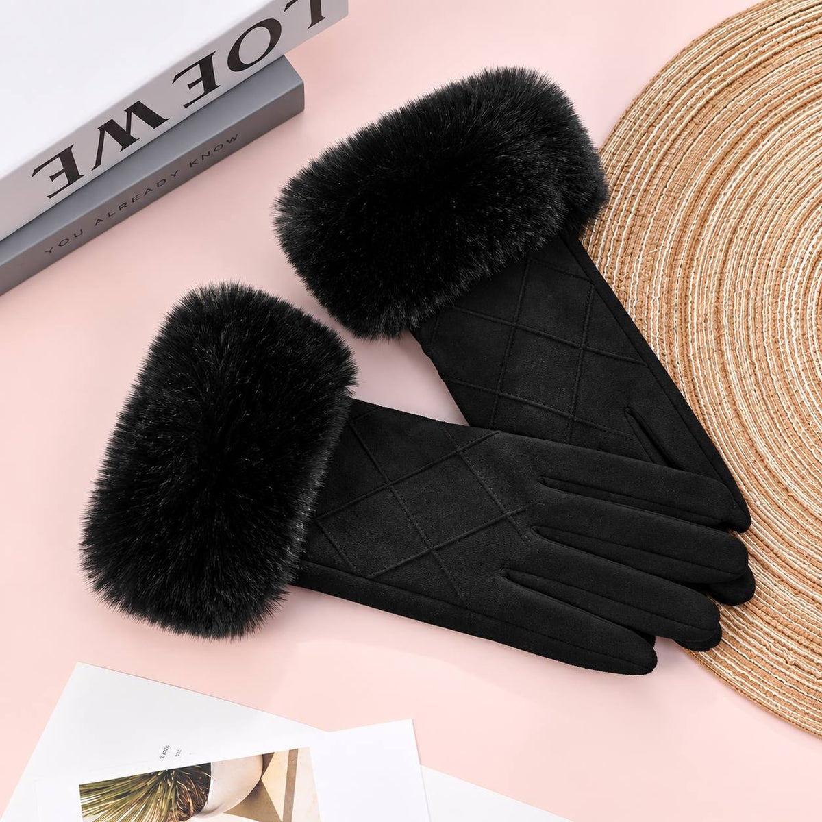 Women's Crisscross-Stitched Gloves With Fluffy Wrist Trim – Black