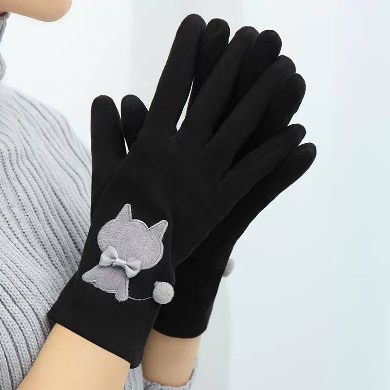 Women's Gloves With Cat Silhouettes And Petite Bows – Black