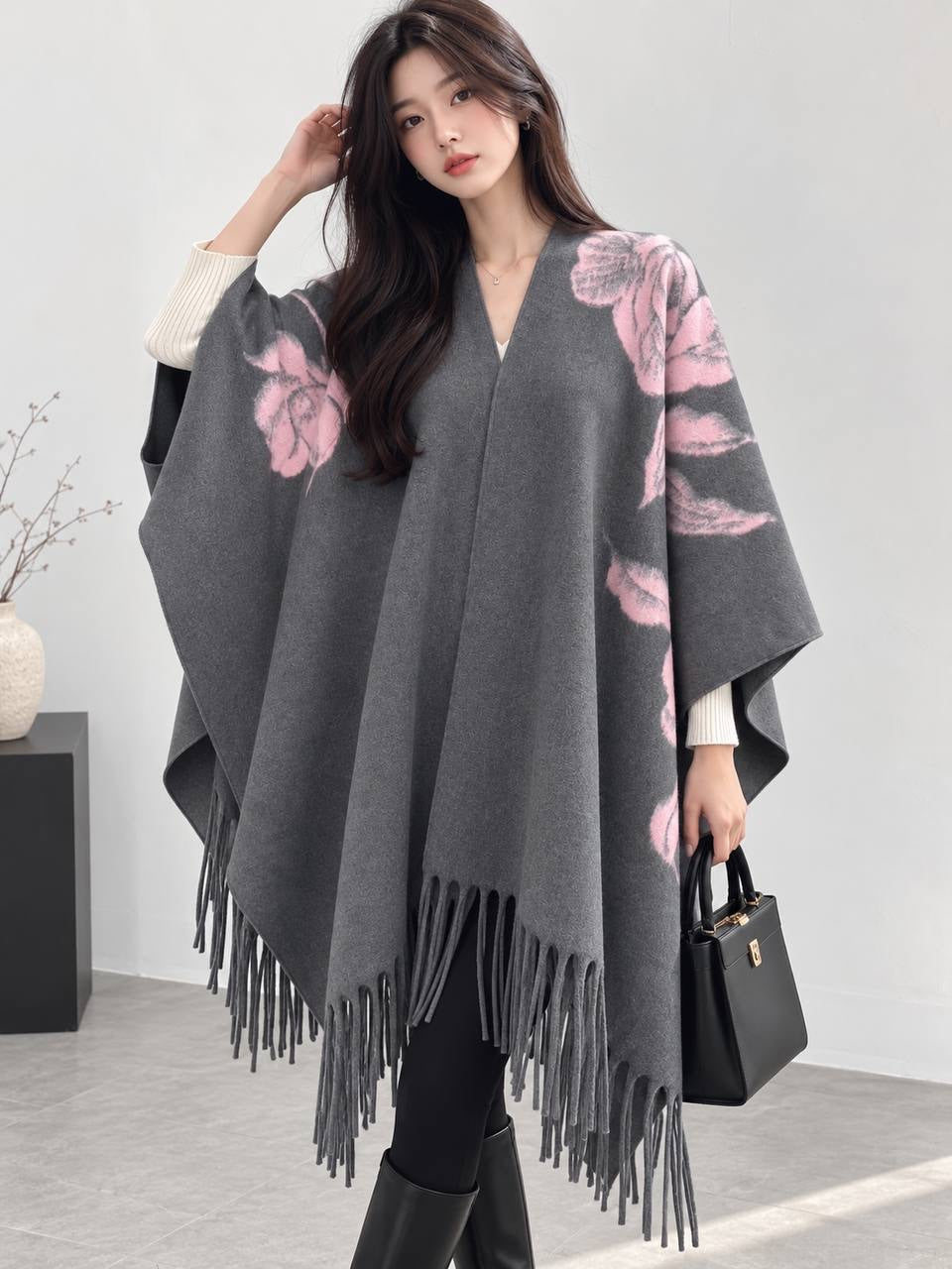 Patterned Shawl Cape With Long Fringe And Draped Sides – Grey And Pink Floral