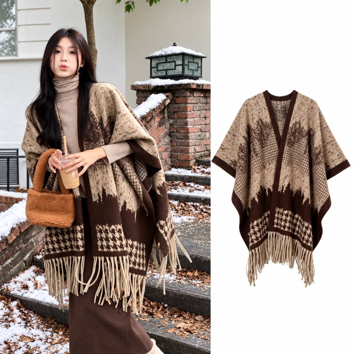 Patterned Shawl Cape With Long Fringe And Draped Sides – Beige And Brown Patterned