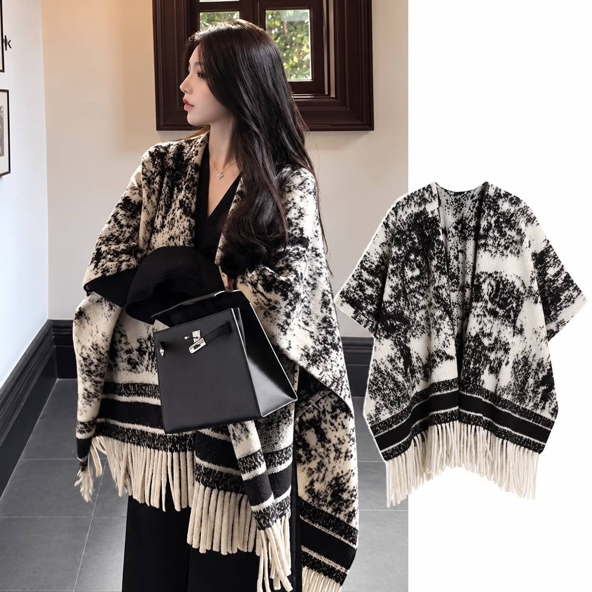 Patterned Shawl Cape With Long Fringe And Draped Sides – Black And Cream Abstract