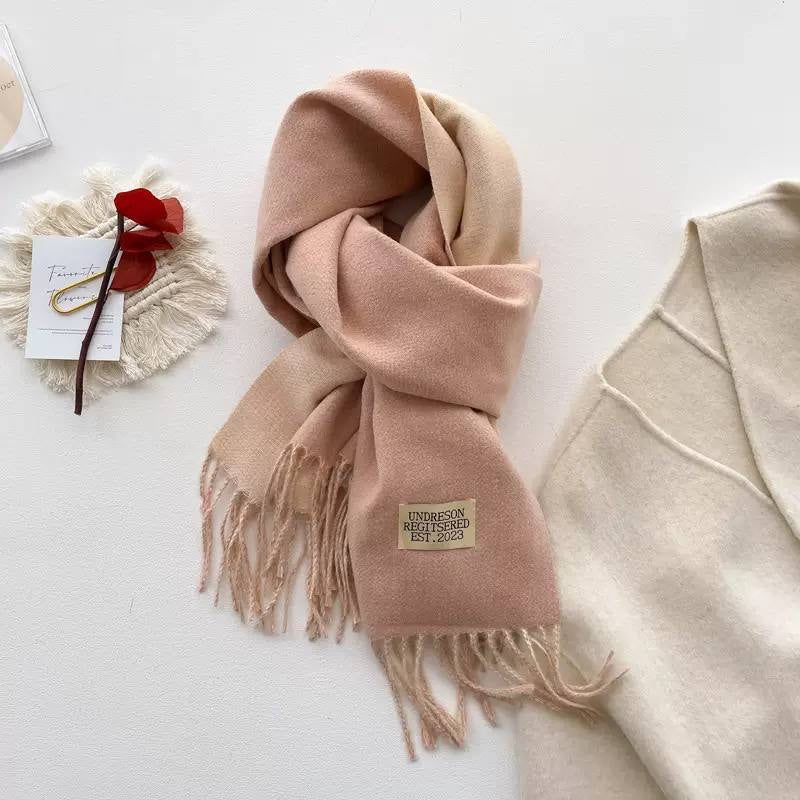 Label Accent Scarf With Cascading Folds And Tassels – Light Pink