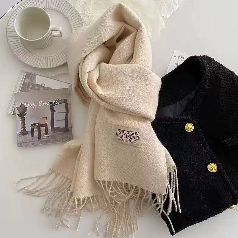 Label Accent Scarf With Cascading Folds And Tassels – Cream