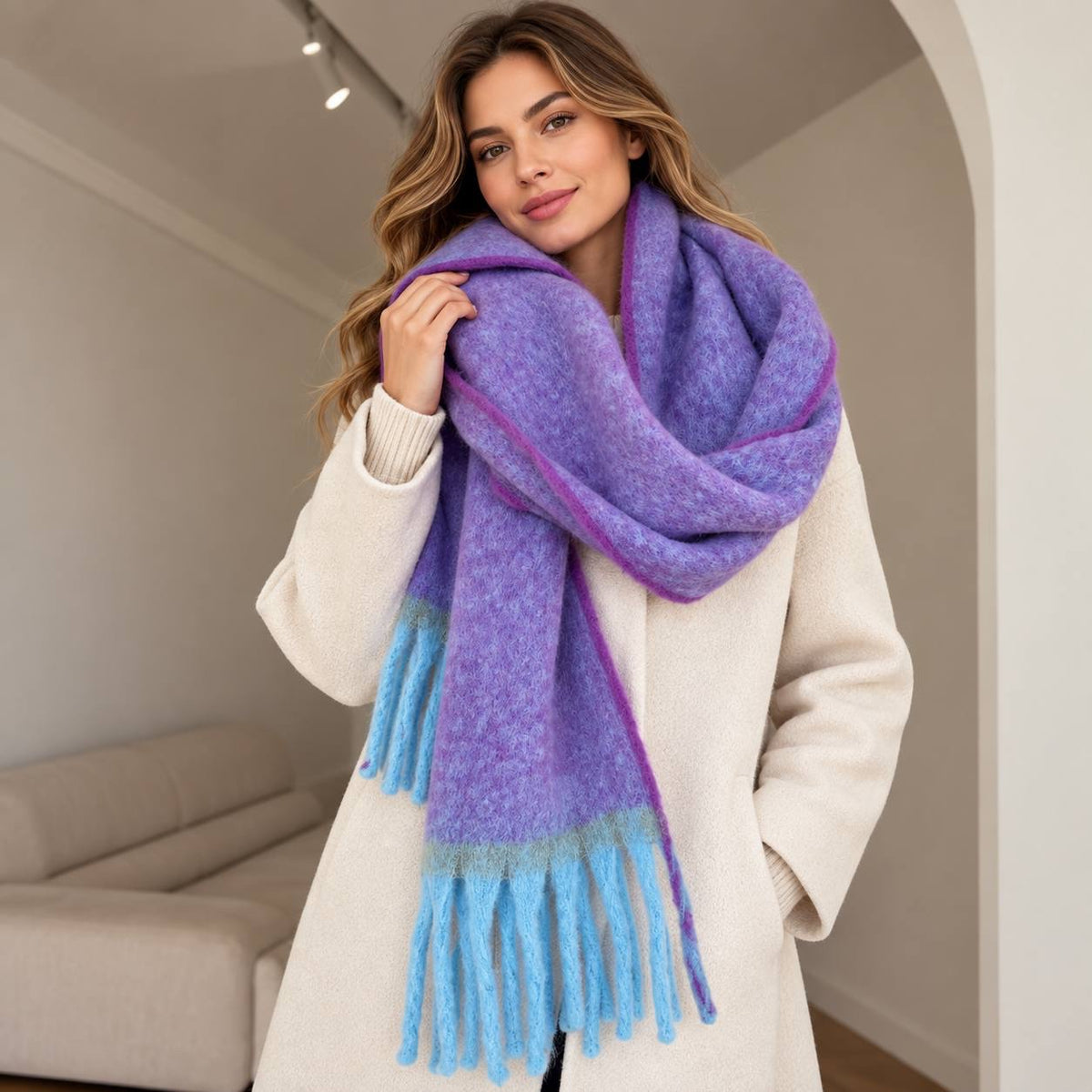 Brushed-Look Scarf With Flowing Ends And Thick Fringe – Purple And Blue
