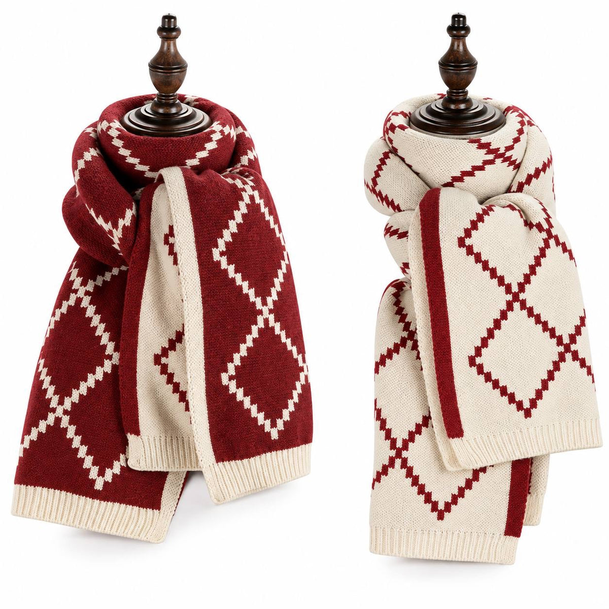 Ribbed Trim Scarf With Stepped Diamond Pattern – Red And Cream