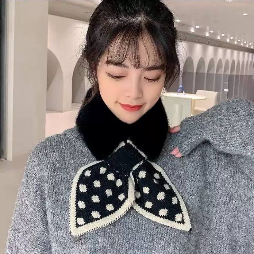 Rounded Plush-Look Collar Scarf With Patterned Bow Ends – Black Polka Dot