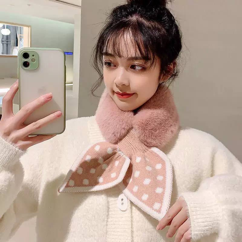Rounded Plush-Look Collar Scarf With Patterned Bow Ends – Pink Polka Dot