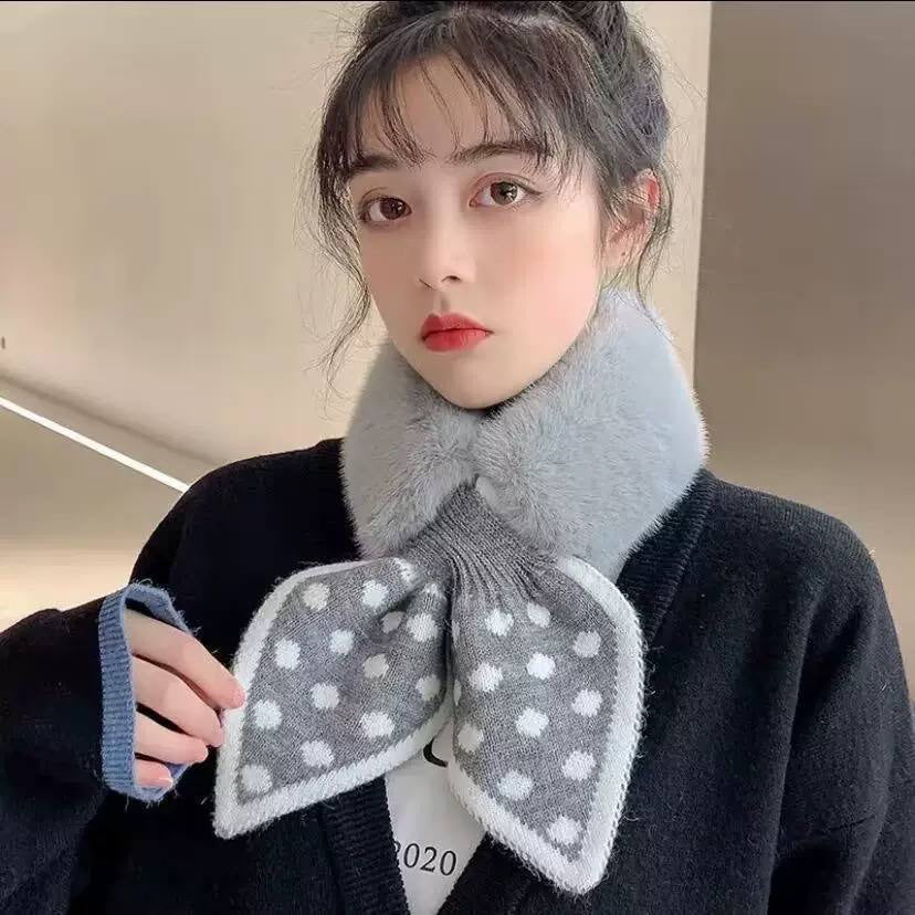 Rounded Plush-Look Collar Scarf With Patterned Bow Ends – Grey Polka Dot
