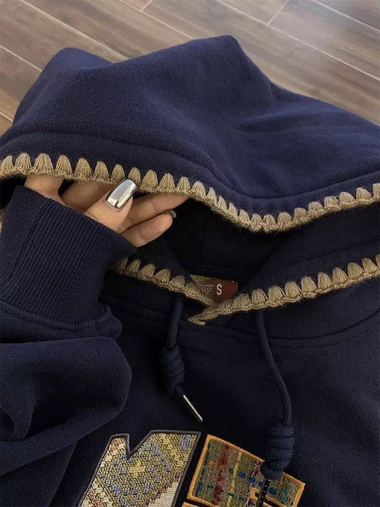 Long Sleeve Hoodie With Patterned Letters And Contrast Edging – Navy