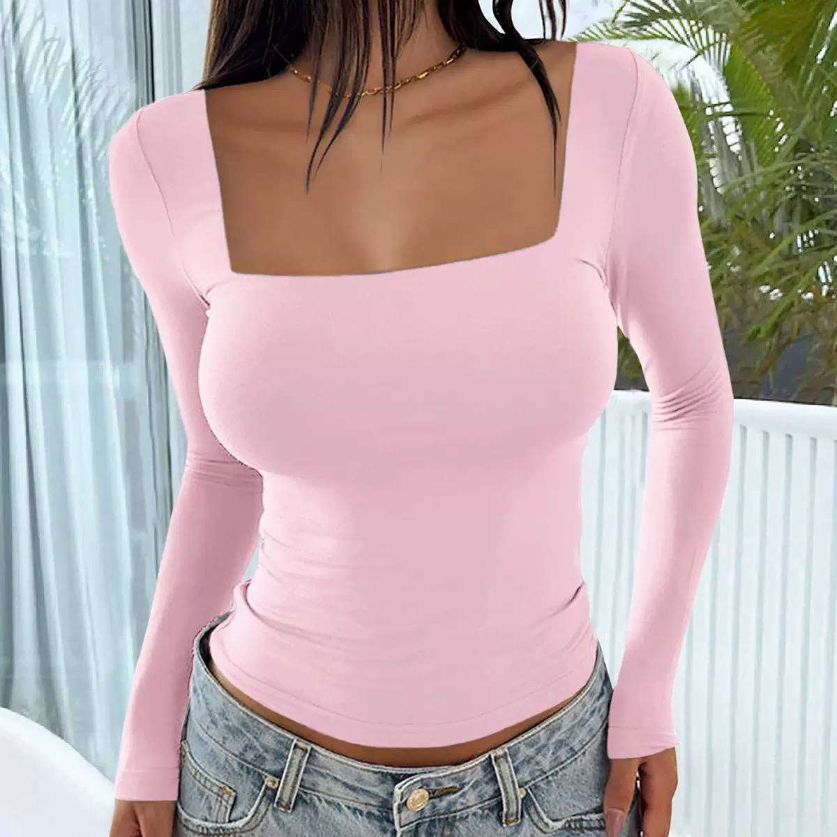 Long-Sleeved Square-Neck Top With an Understated Fitted Cut – Pink
