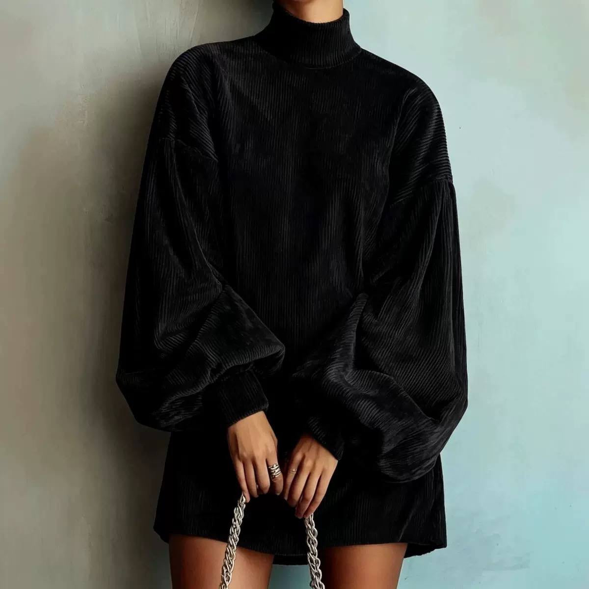 Ribbed Mini Dress With High Collar And Gathered Cuffs – Black