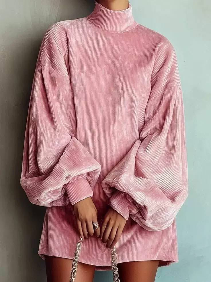 Ribbed Mini Dress With High Collar And Gathered Cuffs – Pink