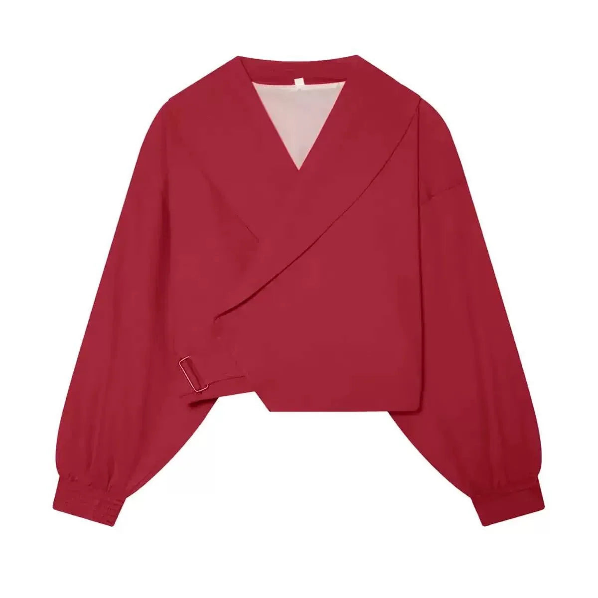 Cropped Wrap-Style Jacket With Shawl Collar and Balloon Sleeves – Red