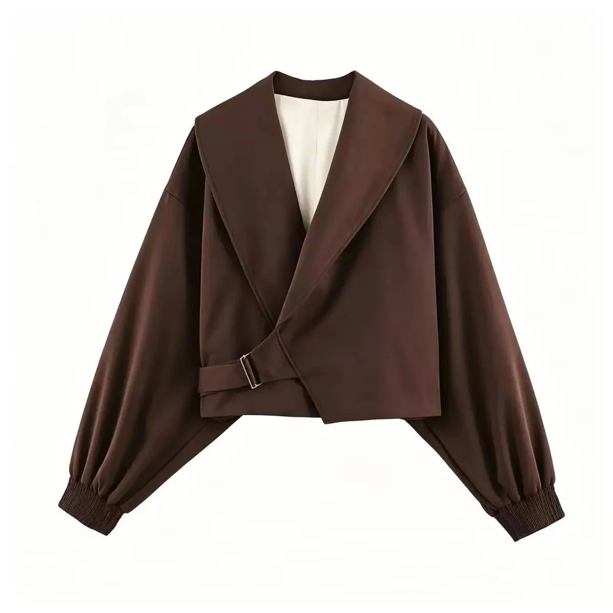 Cropped Wrap-Style Jacket With Shawl Collar and Balloon Sleeves – Brown