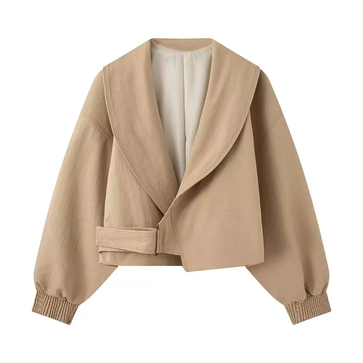 Cropped Wrap-Style Jacket With Shawl Collar and Balloon Sleeves – Beige