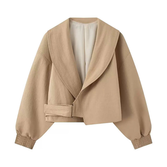 Cropped Wrap-Style Jacket With Shawl Collar and Balloon Sleeves – Beige