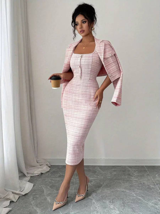 Patterned Jacket Set With a Figure-Skimming Silhouette – Pink Check