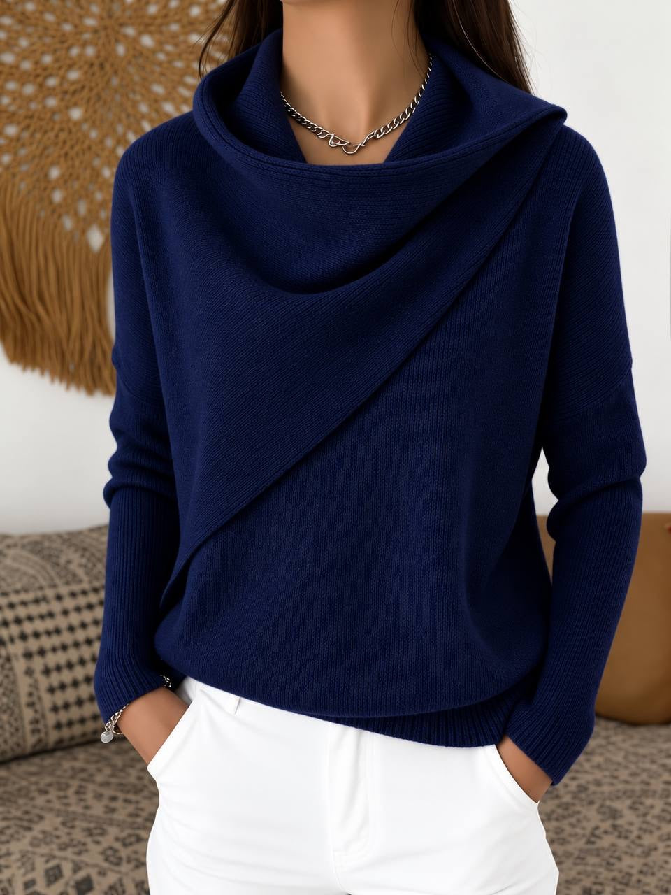 Relaxed Cowl Neck Sweater With Asymmetric Draped Front – Navy