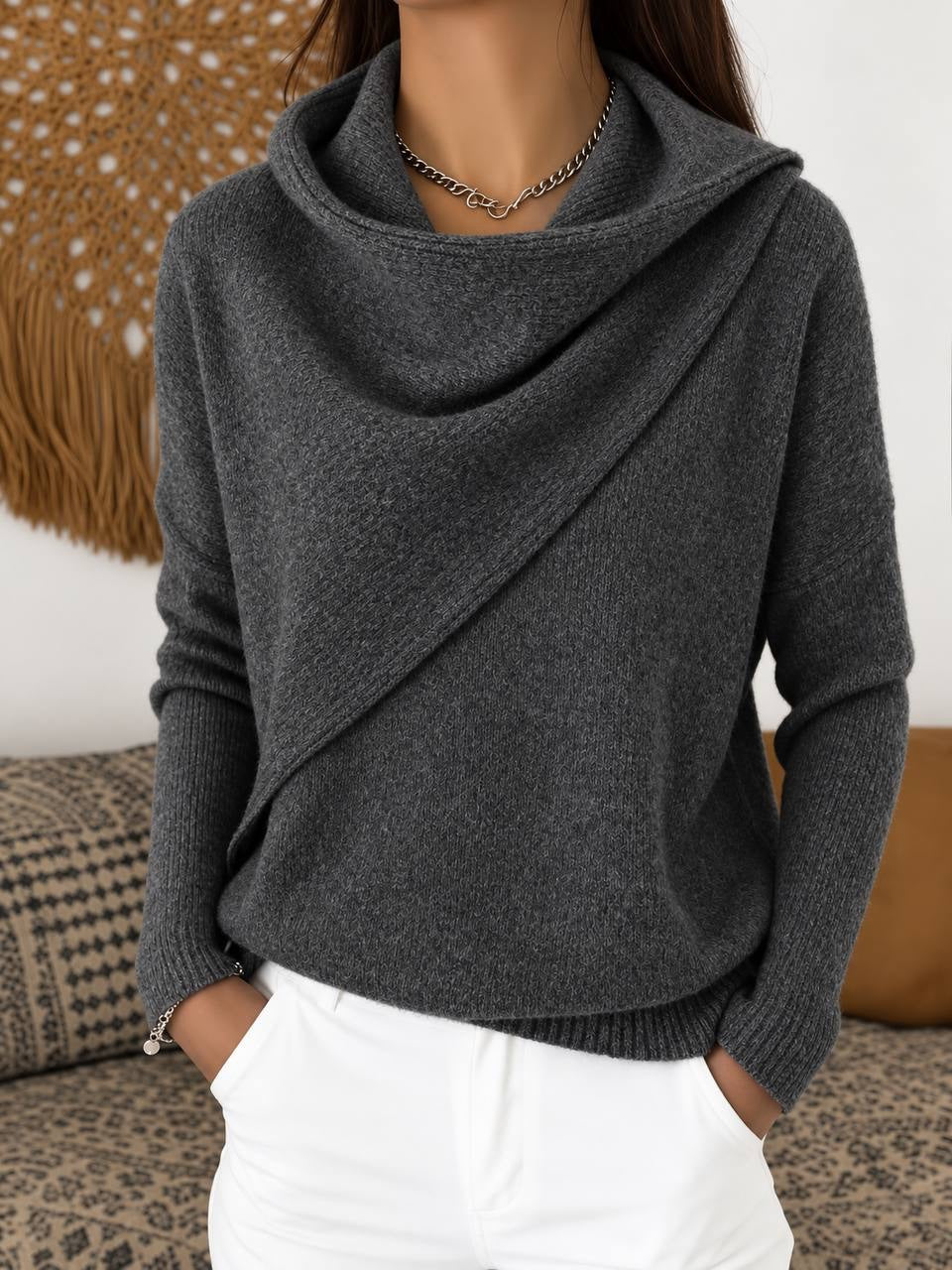 Relaxed Cowl Neck Sweater With Asymmetric Draped Front – Dark Grey