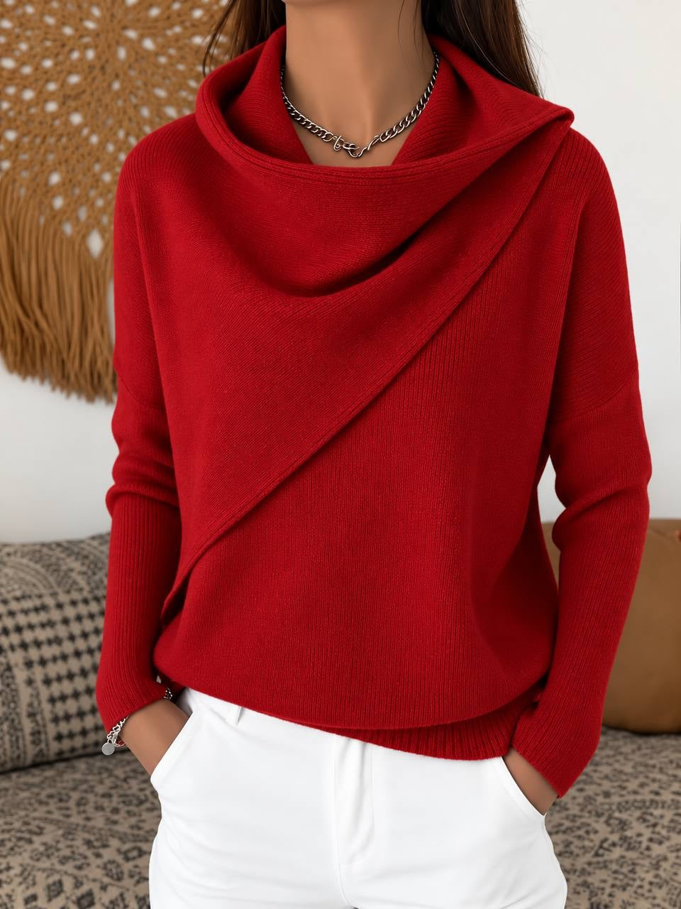 Relaxed Cowl Neck Sweater With Asymmetric Draped Front – Red