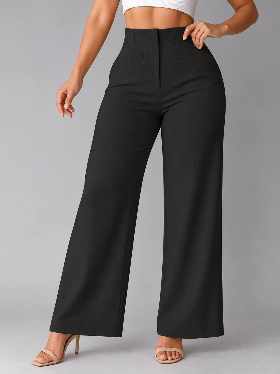 Wide-Leg Pants With a High Rise and Seaming – Black