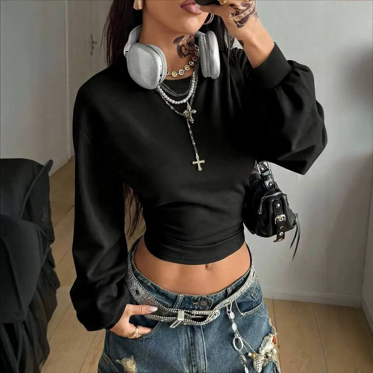 Ruched Waist Cropped Top With Dropped Shoulder Sleeves – Black